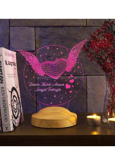 3D Led Lamba 3Boyutlu Melek Annem Kanatlı Kalp Kişiye Özel Hediye