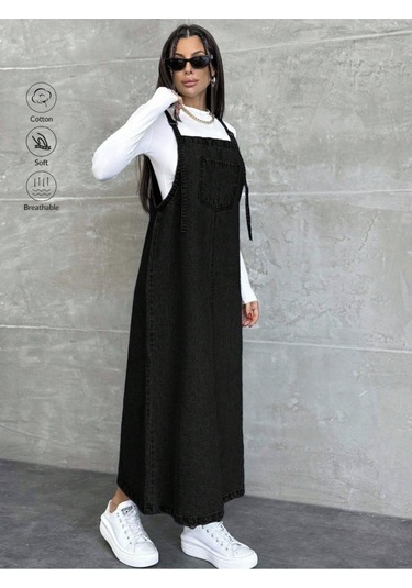 Shevega Kadın Uzun Siyah Bahçivan Askili Elbise Siyah