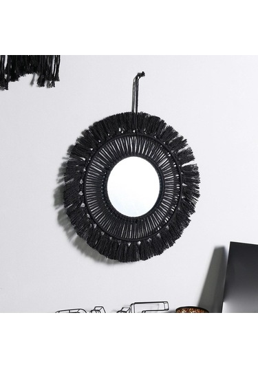Pazly Yuvarlak Suntek Saçak Püskül-24cm Makrome Magideal Boho Ayna Asılı Jw Siyah