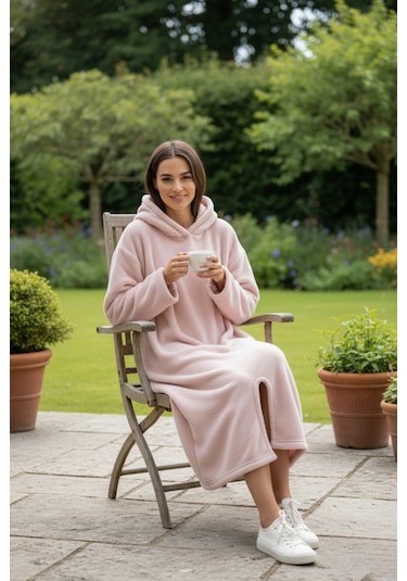 Serona Wellsoft Peluş Kapüşonlu Uzun Panço Yumuşak Dokulu Giyilebilir Tv Battaniyesi Pudra S/m Pudra