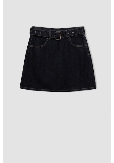 Defacto Fashion Fit Soluk Efektli Cepli Kemerli Jean Mini Etek D5831AX24WNNM34 Mavi