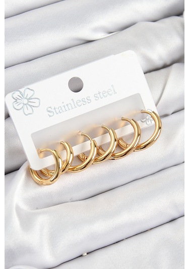 316l Çelik Halka Model Gold Renk 3'lü Set Kadın Küpe Çok Renkli