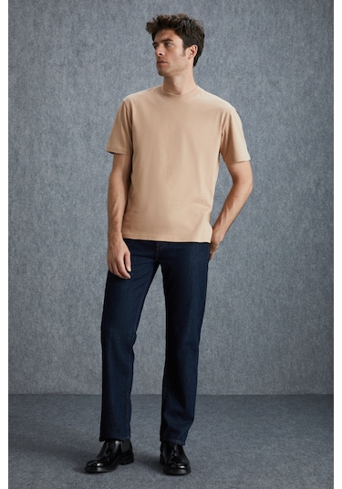 Solo Erkek %100 Organik Pamuklu Kalın Dokulu Comfort Fit Bisiklet Yakalı Bej T-shirt