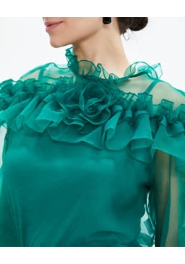 Kadın Volan Detaylı Şifon Bluz Çiçek Yaka Tasarım, Uzun Kollu Yeşil