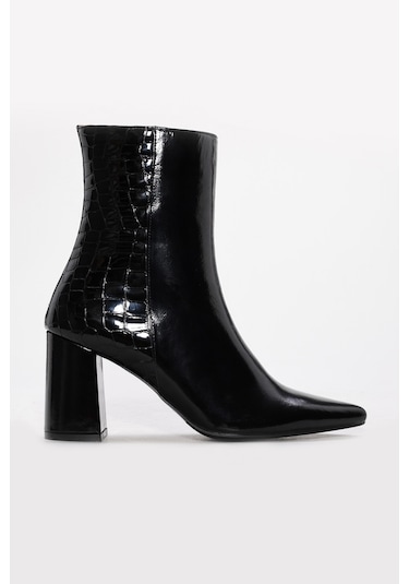 Hakiki Deri Kadın Kalın Topuklu Bot 215dza3211 Siyah Kroko