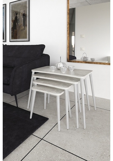 Selen 4lü Zigon Sehpa Ahşap Beyaz Ayaklı Salon Seti Çay Sehpası Kristal