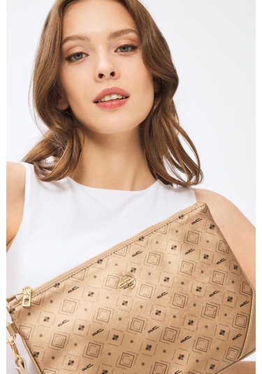 Deri Company Kadın Basic Clutch Çanta Monogram Desenli Altın 214002 Altın