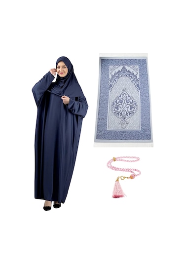 Namaz Elbisesi Eşarp Seccade Tesbih Set, İslami Giyim Takım Ferace Turban Şal Lacivert