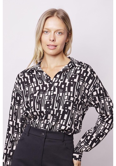 Kadın Likrasız Viskon Vual Desenli Yakalı Düşük Omuzlu Uzun Kol Şık Gömlek-Geometri Geometri