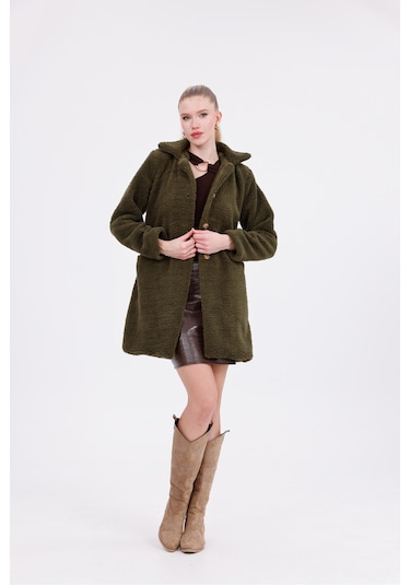 Düğmeli Cepli Kadın Peluş Kaban Haki
