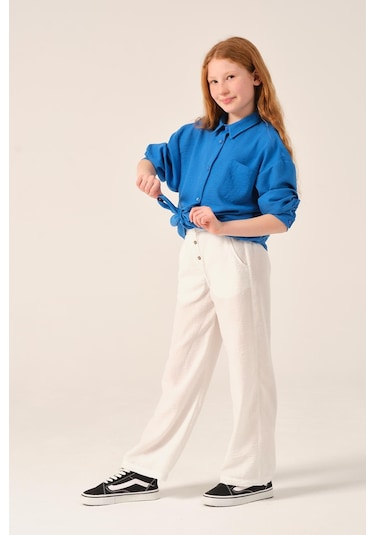 Genç Kız Çocuk Ön Bağlamalı Uzun Kollu Gömlek Saks