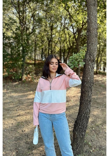 WeShaya Kadın Pembe Uzun Kol, Dik Yaka, Fermuarlı, Double Color Block Basic Sweatshirt Bluz Pembe