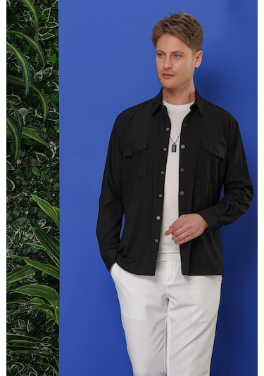 Efor G 1552 Slim Fit Siyah Klasik Gömlek Siyah