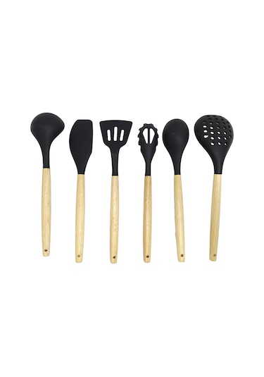 Ivory Doğal Bambu Saplı %100 Silikon Mutfak Seti 6 Parça Siyah