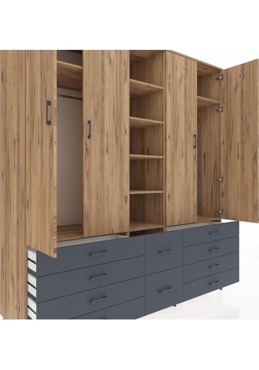 Kronos Dolap 9 Raflı 10 Çekmeceli 2 Askılı 220x59x243 Çam-çam/antrasit Atlas Çam/antrasıt