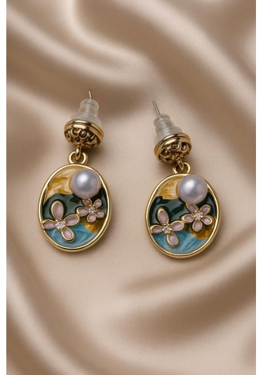 Çiçek Motifli İncili Küpe Çok Renkli