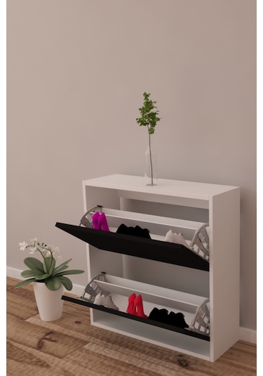 Moonlife 2 Kapaklı Kayar Raflı Ayakkabılık Siyah