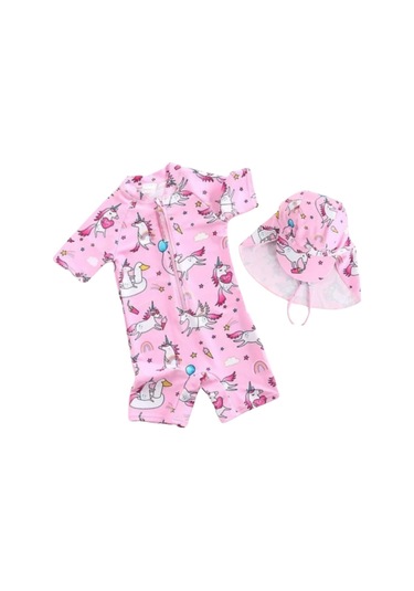 Upf50+ Pembe Unicorn Mavi Balon Desenli Kız Çocuk Şapka Mayo Set Pembe