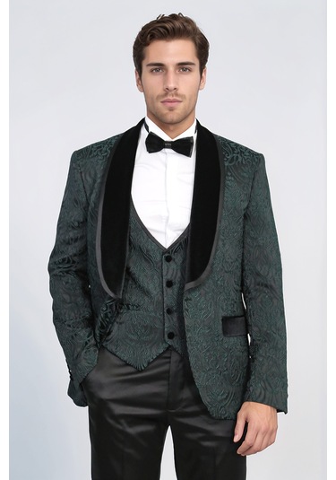 Barok Desenli Kadife Şal Yaka Yelekli Ördek Yeşili Smokin - Wessi Yeşil