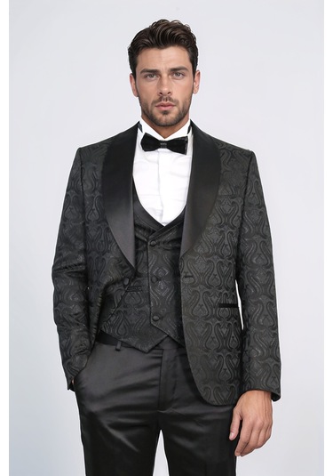 Dalgalı Desenli S Al Yaka Yelekli Siyah Smokin - Wessi Siyah