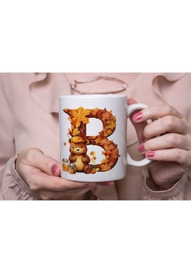 B Harf Sonbahar Yaprak Temalı Kupa Bardak - Sevimli Figürler İle Alfabe Harfli Bardak - Kişiye Özel Beyaz