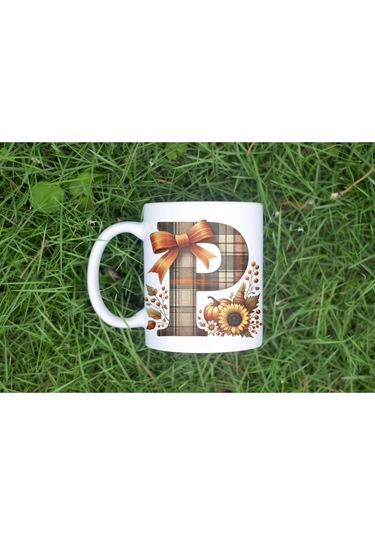 P Harfi Ekose Ve Sonbahar Temalı Kupa Bardak - Kişiye Özel Sıcak Tonlar Alfabe Kupa - Hediye Beyaz