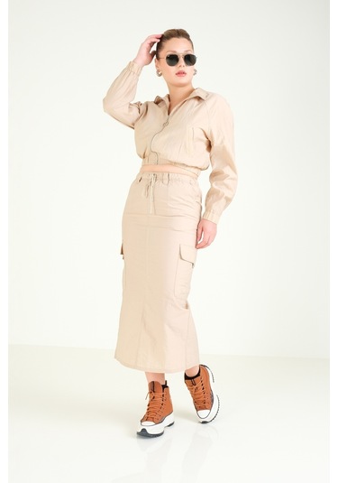 Giyim Dünyası Kadın Paraşüt Crop Mont Açık Camel 001