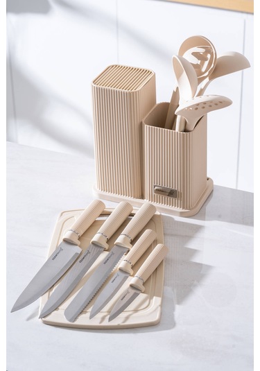 Acar Cooper 12 Parça Standlı Kesme Tahtası Servis Ve Bıçak Seti Krem