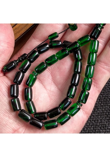 İmzalı 7X11 mm Yeşil Siyah Ateşi Kehribar Tesbih Usta İşçilikli