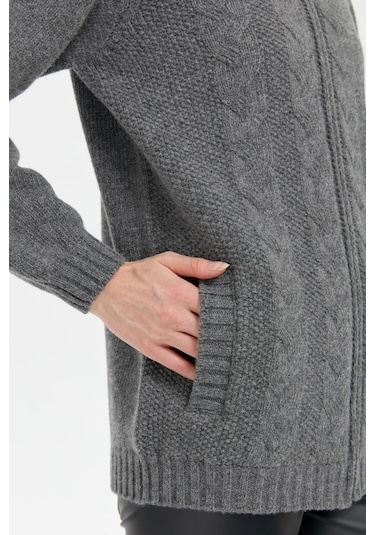 Desen Triko Kadın Dik Yaka Dikişsiz Önü Saç Örgülü Yün Hırka 24268 Füme Füme