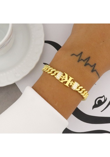 925 Ayar Gümüş K Harfi Gold Gurmet Bileklik