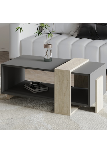 Meleni Orta Sehpa 90 Cm Modern Tasarım Raflı Traverten/antrasit