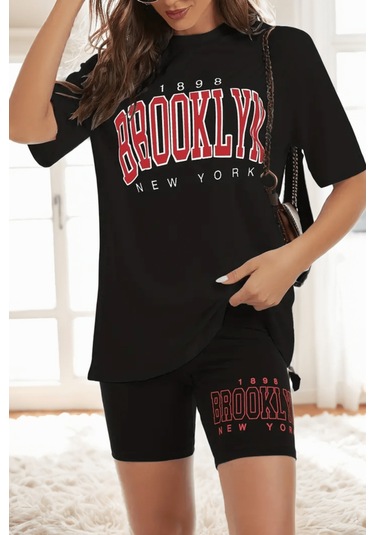 Modagen Kadın Siyah Brooklyn Baskılı T-shirt Tayt Takım Siyahh
