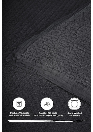 Evlen Home %100 Pamuk Çift Kişilik Özel Taş Yıkama Yatak Örtüsü Lüks Yumuşak Dayanıklı Modern Vitali Antrasit