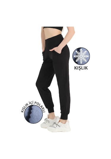 Kadın Siyah Yüksek Bel Jogger Eşofman Altı Polarlı Kışlık Cepli Joggers 1062 Siyah