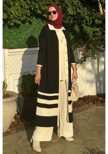 İmge Çizgili Triko Hırka Siyah Çok Renkli