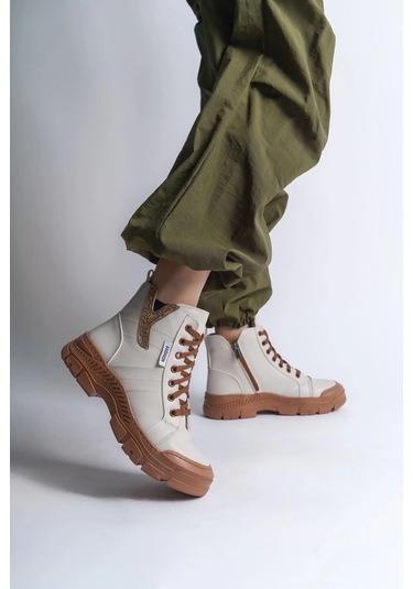 Amber Bağcıklı Fermuarlı Ortopedik Taban Kadın Bot Ctt - Krem Krem