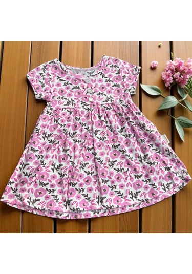 Düğmeli Çiçekli Elbise Pembe