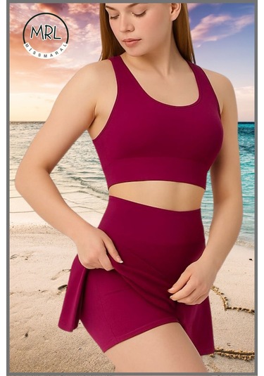 Kadın Şort Etekli Mayo Takım Üst Crop Sabit Pedli Çabuk Kuruyan Kumaş Plaj Giyim Mürdüm Takım Mürdüm