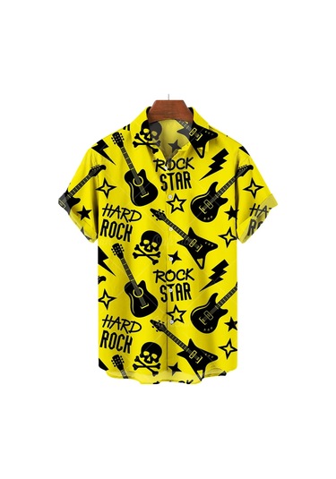 Snapbuyerkek Müzikal Gitar Baskılı Hawaii Gömlek Kısa Kollu Plaj Parti Üst Büyük Bedengökyüzü Mavi Gökyüzü Mavi