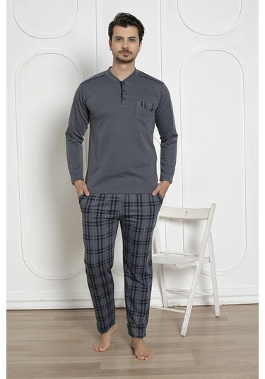 Erkek Ekose Desen Likralı Pamuk Uzun Kol Kışlık İnterlok Göğüs Cepli Pijama Takımı Füme