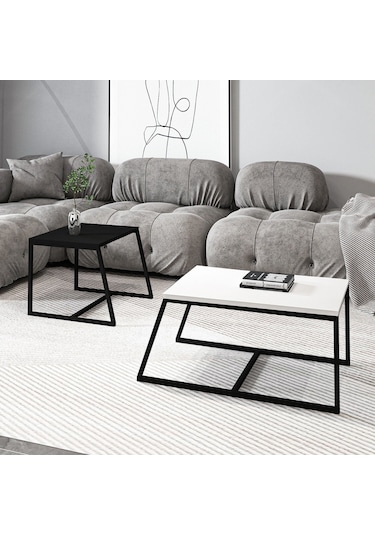 Minimal İkili Orta Sehpa Modern Tasarım, Çok Amaçlı Kullanım Beyaz - Siyah