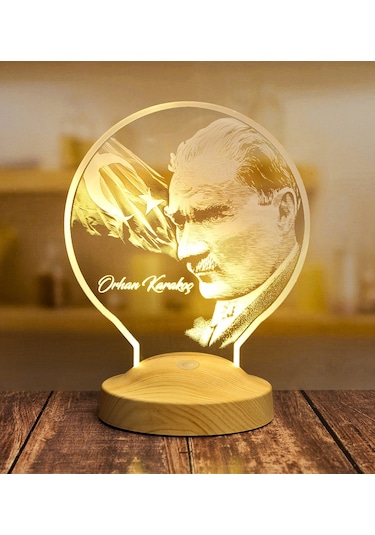 Kişiye Özel İsimli Mustafa Kemal Atatürk Görseli Led Lamba + Türk Bayrağı 
