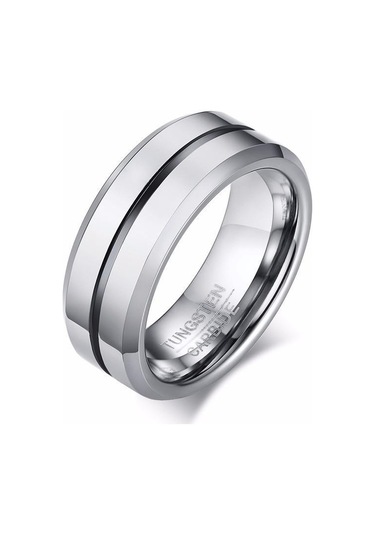 Siyah Ve Gümüş Ikuinen Casual Tungsten Yüzük Erkekler İçin 8mm İnce Oluklu Tungsten Karbür Düğün Bandı