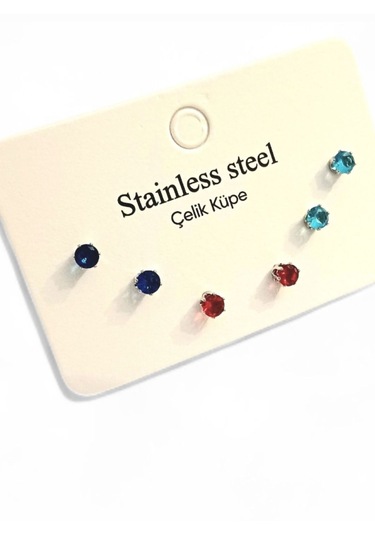 6 Adet Yuvarlak Renkli Zirkon Tek Taşlı Çelik Küpe 0397 Gümüş