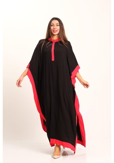 Kadın Siyah Kırmızı Garnili Sırtı Çiçek Nakışlı Püsküllü Yarasa Kol Yırtmaçlı Oversize Uzun Elbise - Sıyah Siyah