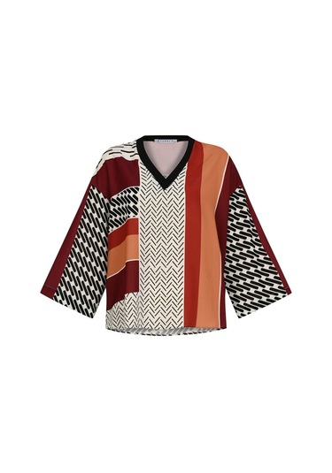 Kadın Geometrik Desenli Blok Renkli Bluz Frn1103 Kırmızı