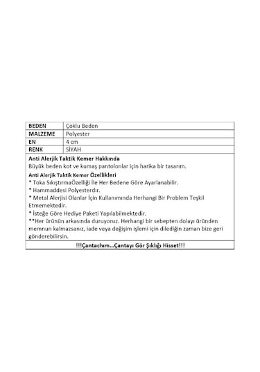 Çantachım Anti Alerjik Plastik Tokalı Taktikal Tarz Bez Kemer Siyah