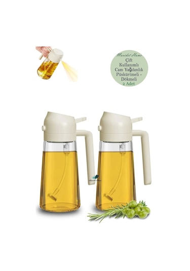 2 Adet Çift Fonksiyonlu Cam Yağdanlık 550ml Zeytinyağı Sıvıyağ Şişe Sprey Airfryer Yağlık Sirkelik - Krem