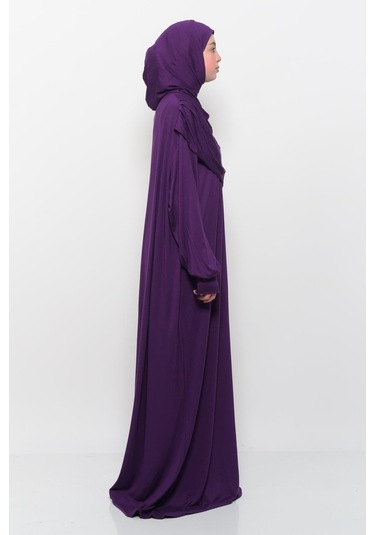 Pratik Tek Parça Pamuklu Yarasa Kollu Tak Çıkar Başörtülü Tesettür Namaz Elbisesi Mürdüm Çok Renkli